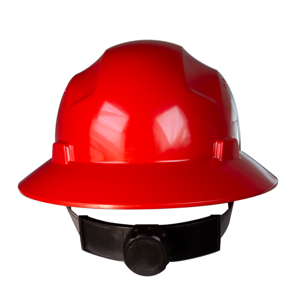 Casco de seguridad rojo de ala completa con suspensión de 4 puntos y trinquete negro