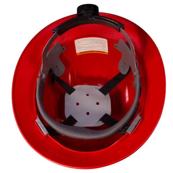 Mostrando la parte interior del casco de seguridad JORESTECH, el trinquete y la suspensión de 4 puntos instalados