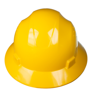 Vista frontal de un casco de seguridad JORESTECH amarillo de ala completa con suspensión de 4 puntos
