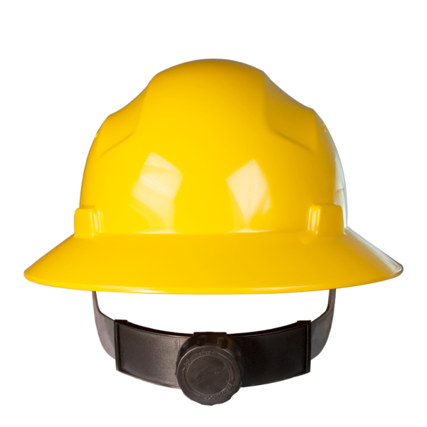 Casco de seguridad amarillo de ala completa con suspensión de 4 puntos y ajuste de trinquete negro