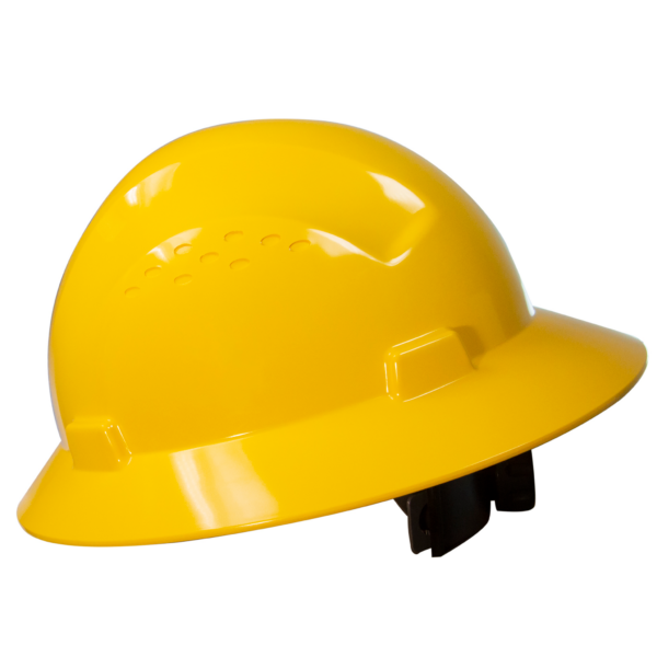 Un casco de seguridad JORESTECH amarillo de ala completa con suspensión de 4 puntos, Tipo I Clase C, E, G