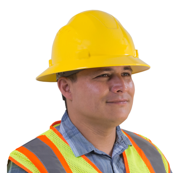 Un hombre con un casco de seguridad amarillo de ala completa JORESTECH y un chaleco de alta visibilidad en lima y naranja sobre fondo blanco