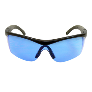 Vista frontal de unas gafas de seguridad JORESTECH azules con montura de diseño moderno y protectores laterales para protección contra impactos elevados. Hay una marca grabada en el lado derecho del lente que dice Z87+
