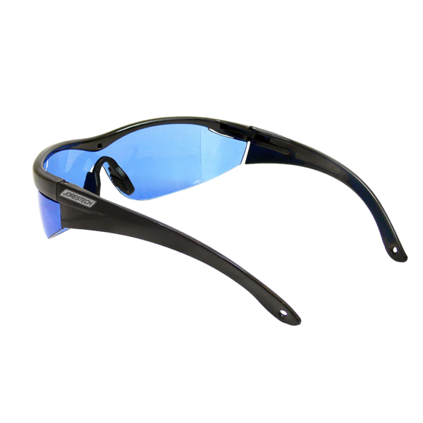 Vista lateral de unas gafas de seguridad JORESTECH azules con montura negra y protectores laterales para protección contra alto impacto. Cada varilla tiene un pequeño orificio para colocar un cordón y asegurar las gafas de seguridad.