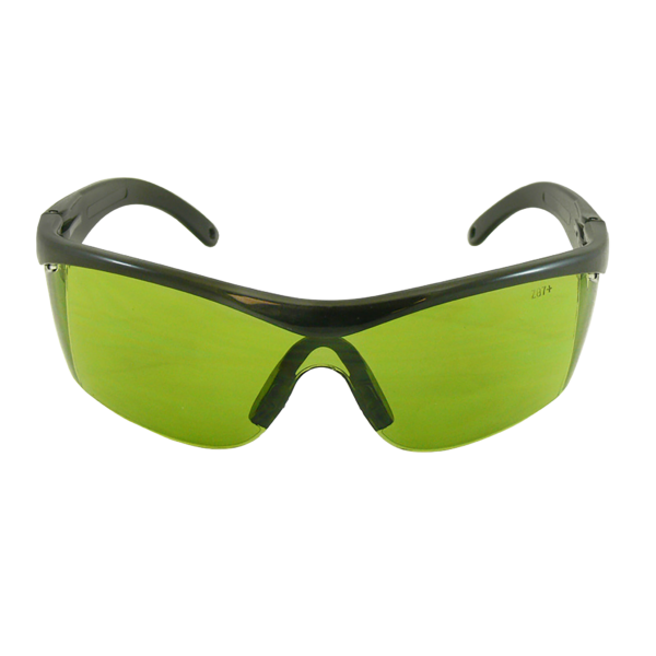 Vista frontal de unas gafas de seguridad JORESTECH verdes con montura de diseño moderno y protecciones laterales para protección contra impactos altos. Hay una marca grabada en la lente que dice Z87+