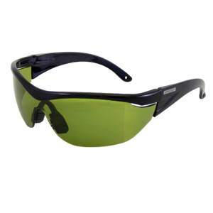 Vista diagonal de unas gafas de seguridad JORESTECH de diseño moderno en color verde, con montura y protectores laterales para protección contra impactos fuertes, sobre fondo blanco