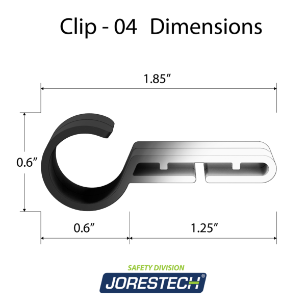 Muestra las dimensiones del clip para lámpara frontal de casco JORESTECH. La longitud del clip es de 1.85" y la altura es de 0.6"