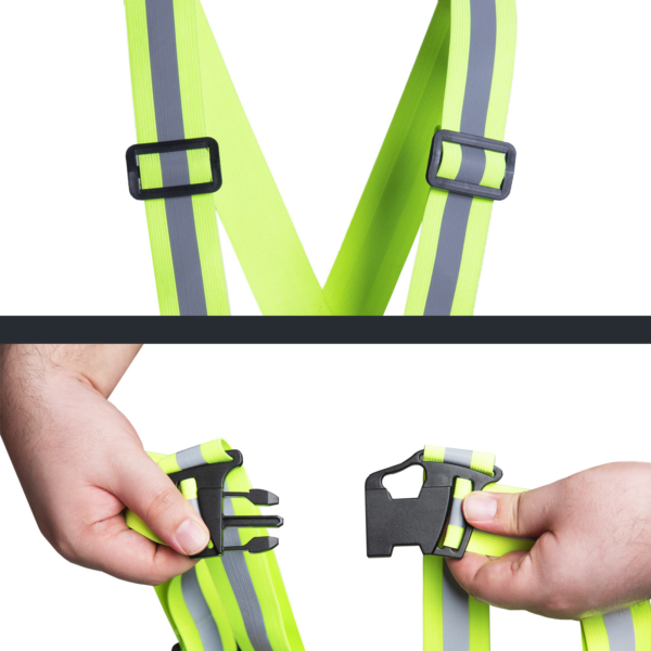 Presenta las correas ajustables y el sistema de cierre que tienen los tirantes de seguridad JORESTECH color lima