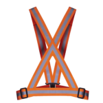 Vista trasera de los tirantes de seguridad ajustables de alta visibilidad en color naranja con bandas reflectantes en todo el contorno.
