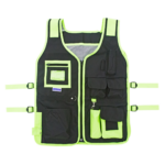 Chaleco porta herramientas JORESTECH® negro y lima de alta visibilidad, ajustable en talla, con tiras reflectantes y numerosos bolsillos.