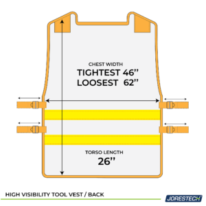 Diagrama que muestra que el ancho del pecho del chaleco para herramientas JORESTECH® se puede ajustar de 46" a 62" y que la longitud del torso es de 26"