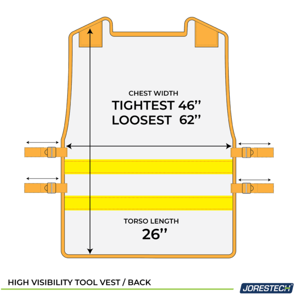 Diagrama que muestra que el ancho del pecho del chaleco para herramientas JORESTECH® se puede ajustar de 46" a 62" y que la longitud del torso es de 26"