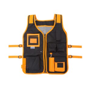 El chaleco portaherramientas JORESTECH® negro y naranja de alta visibilidad, ajustable en talla, con tiras reflectantes y numerosos bolsillos