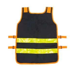 Vista trasera del chaleco porta-herramientas JORESTECH® negro y naranja de alta visibilidad, ajustable de talla, con tiras reflectantes.