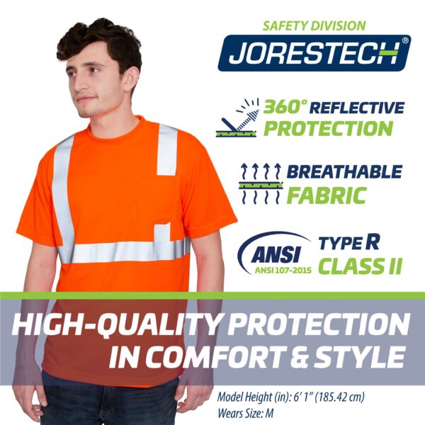 Un trabajador usando la camiseta de seguridad naranja JORESTECH. La imagen proporciona esta información: 360 grados de protección reflectante. Tejido transpirable. Tipo R clase II. Protección de alta calidad con comodidad y estilo.