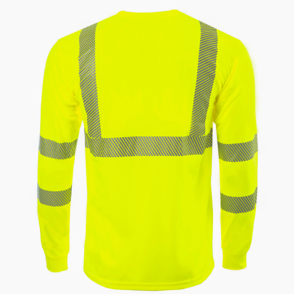 Parte trasera de la camiseta de seguridad de manga larga con bolsillo, reflectante por transferencia térmica, color amarillo/lima de alta visibilidad