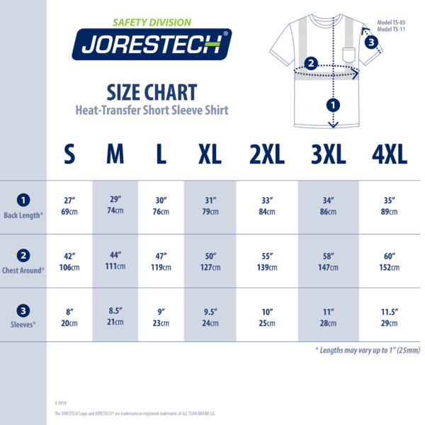 Tabla de tallas para la camisa de seguridad ANSI amarilla reflectante JORESTECH con transfer de calor