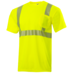 Camiseta de seguridad con bolsillo, reflectante por transferencia de calor, en color verde lima/amarillo de alta visibilidad, con tejido de poliéster birds eye transpirable