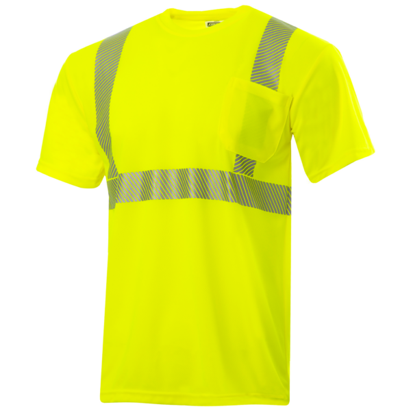 Camiseta de seguridad con bolsillo, reflectante por transferencia de calor, en color verde lima/amarillo de alta visibilidad, con tejido de poliéster birds eye transpirable