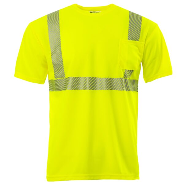 Vista frontal de la camiseta de seguridad de manga corta Hi-Vis lima/amarillo con transferencia térmica reflectante clase 2 tipo R
