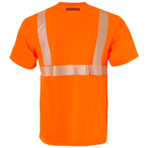 Vista trasera de la camiseta de seguridad JORESTECH color naranja de alta visibilidad con transferencia térmica reflectante y bolsillo