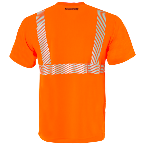 Vista trasera de la camiseta de seguridad JORESTECH color naranja de alta visibilidad con transferencia térmica reflectante y bolsillo