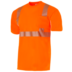 Vista en diagonal de la camiseta de seguridad con bolsillo reflectante por transferencia térmica JORESTECH Hi-Vis naranja