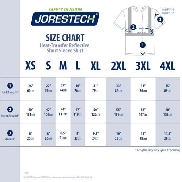 Tabla de tallas para la camisa de seguridad con bolsillo JORESTECH Hi Vis de transferencia térmica y reflectante ANSI clase 2 tipo R