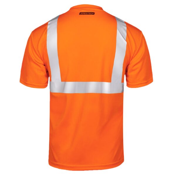 Vista trasera de una camiseta de seguridad JORESTECH naranja con transferencia térmica reflectante, clase 2 tipo R