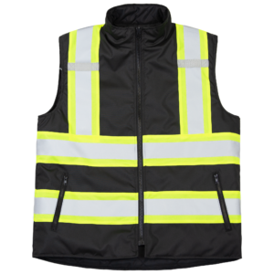 Vista frontal del chaleco de seguridad reversible e impermeable JORESTECH vi-vis X con espalda en X y tiras reflectantes negros