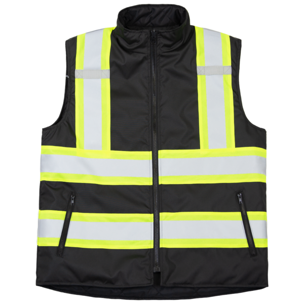 Vista frontal del chaleco de seguridad reversible e impermeable JORESTECH vi-vis X con espalda en X y tiras reflectantes negros