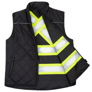 Vista diagonal del lado negro del chaleco de seguridad reversible e insulated JORESTECH vi-vis X en la espalda con tiras reflectantes para clima frío