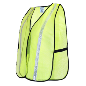 Presenta un chaleco de seguridad de malla amarillo lima de alta visibilidad talla única que se adapta a la mayoría, con franja reflectante de 1 pulgada y correas elásticas laterales