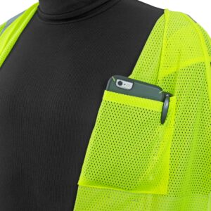 Primer plano del bolsillo interior del chaleco de seguridad JORESTECH mostrado con un teléfono móvil y un bolígrafo