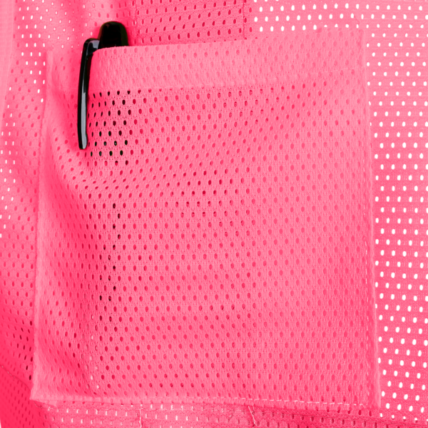 Chaleco de seguridad rosa de alta visibilidad con bolsillo en el pecho y bandas reflectantes de 2 pulgadas