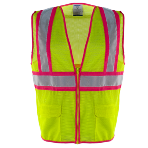 Chaleco de seguridad de malla de alta visibilidad bicolor con franjas rosas en contraste y cintas reflectantes