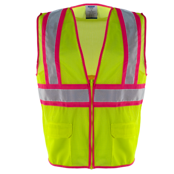 Chaleco de seguridad de malla de alta visibilidad bicolor con franjas rosas en contraste y cintas reflectantes