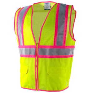 Chaleco de seguridad de malla de alta visibilidad bicolor con tiras contrastantes rosas y bandas reflectantes
