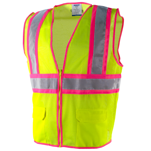 Chaleco de seguridad de malla de alta visibilidad bicolor con tiras contrastantes rosas y bandas reflectantes