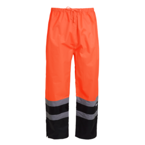 Vista frontal del pantalón impermeable JORESTECH de alta visibilidad en negro y naranja con bandas reflectantes