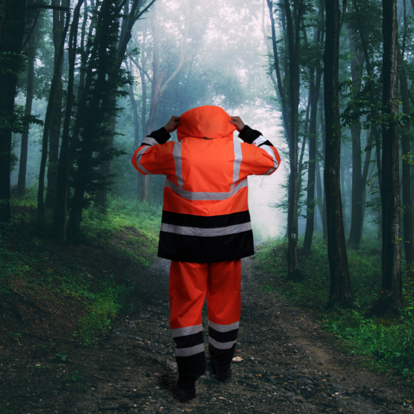 Trabajador usando el conjunto impermeable de seguridad Hi Vis Orange con pantalón y chaqueta