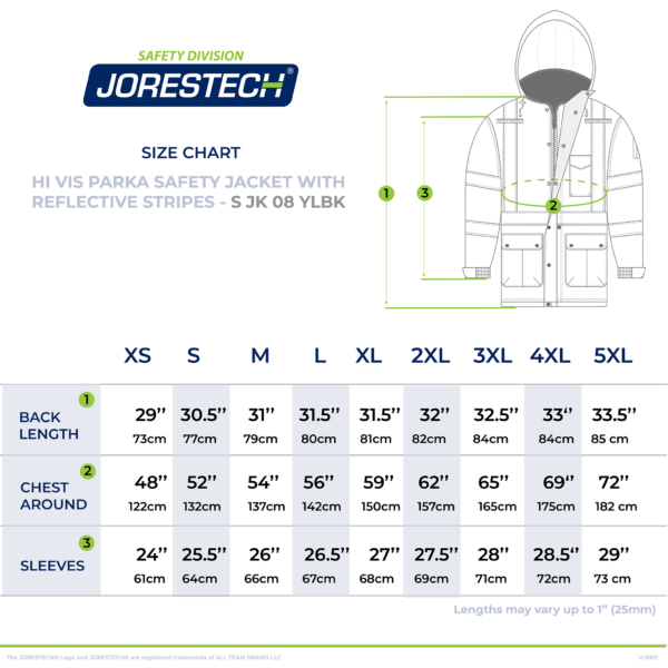 Tabla de tallas de la chaqueta parka de seguridad impermeable JORESTECH para protección invernal