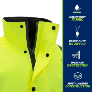 Iconos con texto muestran chaqueta parka de alta visibilidad con cremallera resistente, tejido impermeable, forro polar en el cuello, solapa con botones para cubrir la cremallera y construcción multicapa para protección contra las inclemencias del tiempo