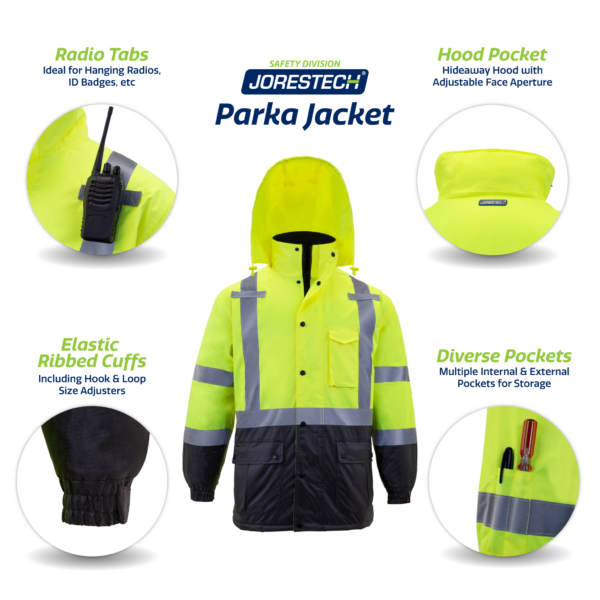 chaqueta de seguridad parka de alta visibilidad clase 3 tipo R con primeros planos para mostrar las trabillas para radio, puños elásticos acanalados, bolsillo para la capucha y bolsillos adicionales para bolígrafo