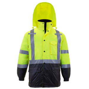 Chaqueta de seguridad tipo parka amarilla de alta visibilidad con aislamiento, franjas reflectantes y capucha ajustable oculta