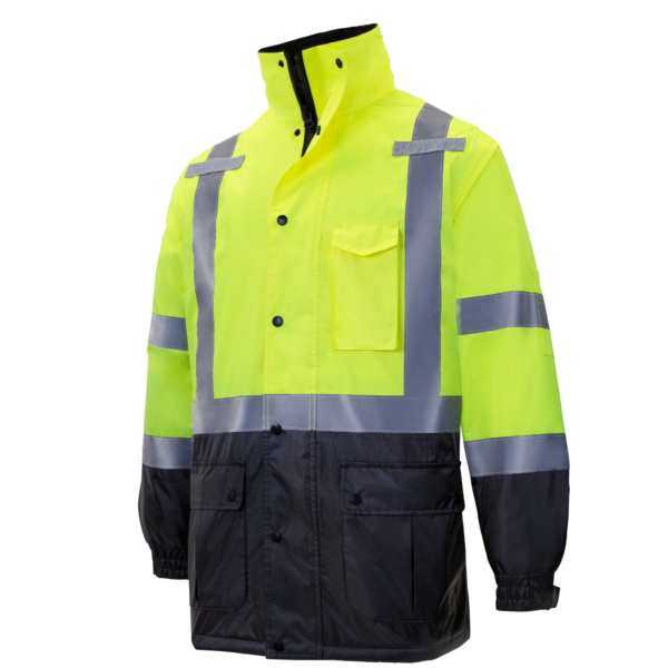 Chaqueta de seguridad tipo parka de alta visibilidad JORESTECH amarilla y negra con franjas reflectantes, presillas para radio y bolsillos, ANSI clase 3 tipo R