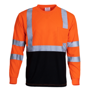 Camisa de seguridad de manga larga de alta visibilidad reflectante naranja y negra con bolsillo en el pecho y tejido negro transpirable que oculta el diseño