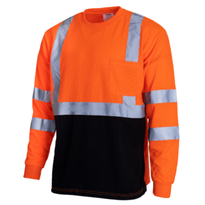 Vista diagonal de la camiseta de manga larga de seguridad JORESTECH de alta visibilidad reflectante en naranja y negro