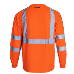 Vista trasera de la camisa de manga larga de seguridad JORESTECH de alta visibilidad reflectante naranja y negra