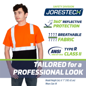 Un trabajador que lleva la camiseta de seguridad Jorestech naranja/negra. Los iconos con texto indican: 360 grados de protección reflectante. Tejido transpirable. Tipo R clase II. Diseñada para una apariencia profesional.